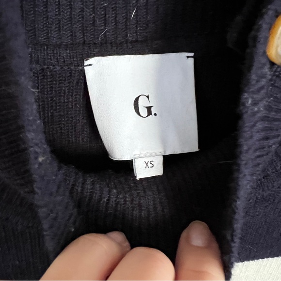 Goop G. LABEL Mindy Cashmere Wool Striped Turtleneck Sweater in Navy Cream - Picture 16 of 17